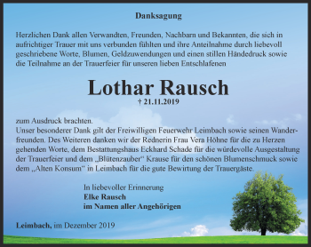 Traueranzeige von Lothar Rausch von Thüringer Allgemeine