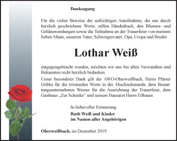 Traueranzeige von Lothar Weiß von Ostthüringer Zeitung