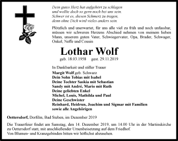 Traueranzeige von Lothar Wolf von Ostthüringer Zeitung