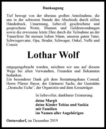 Traueranzeige von Lothar Wolf von Ostthüringer Zeitung