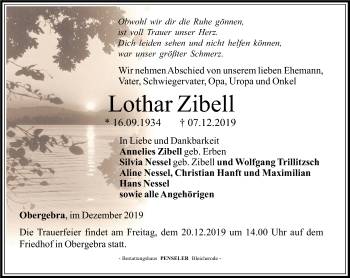 Traueranzeige von Lothar Zibell von Thüringer Allgemeine
