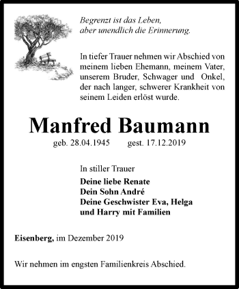 Traueranzeige von Manfred Baumann von Ostthüringer Zeitung