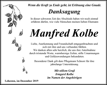 Traueranzeige von Manfred Kolbe von Ostthüringer Zeitung