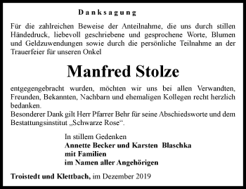 Traueranzeige von Manfred Stolze von Thüringer Allgemeine, Thüringische Landeszeitung