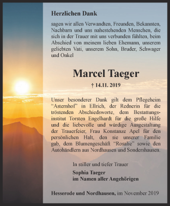 Traueranzeige von Marcel Taeger von Thüringer Allgemeine