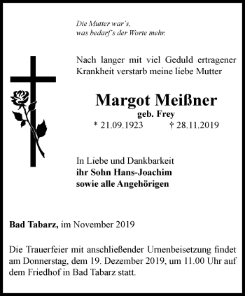 Traueranzeige von Margot Meißner von Ostthüringer Zeitung, Thüringische Landeszeitung