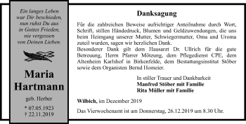 Traueranzeige von Maria Hartmann von Thüringer Allgemeine