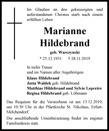 Traueranzeige von Marianne Hildebarnd