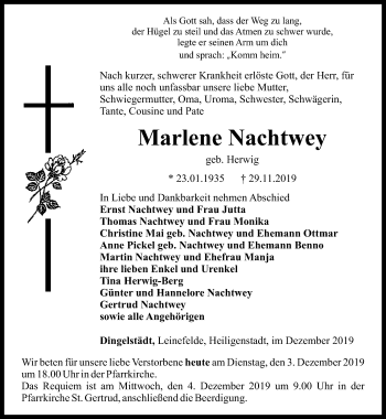 Traueranzeige von Marlene Nachtwey von Thüringer Allgemeine