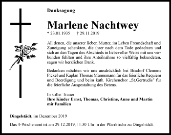 Traueranzeige von Marlene Nachtwey von Thüringer Allgemeine