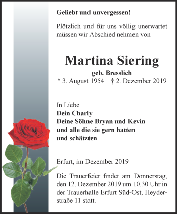 Traueranzeige von Martina Siering von Thüringer Allgemeine, Thüringische Landeszeitung