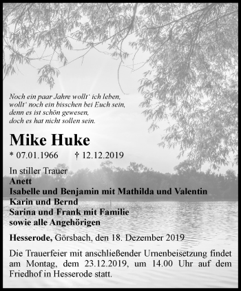 Traueranzeige von Mike Huke von Thüringer Allgemeine