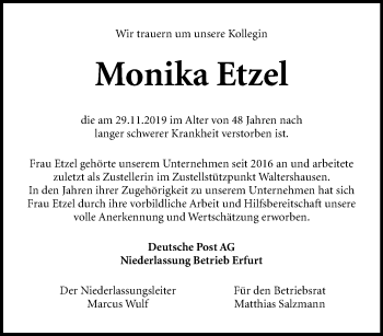 Traueranzeige von Monika Etzel von Ostthüringer Zeitung, Thüringische Landeszeitung