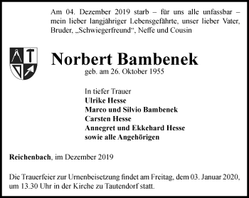 Traueranzeige von Norbert Bambenek von Ostthüringer Zeitung