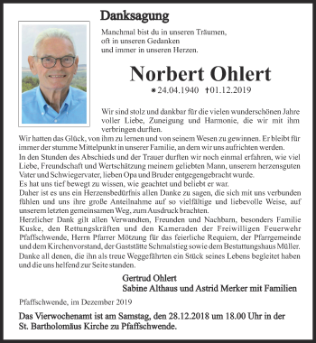 Traueranzeige von Norbert Ohlert von Thüringer Allgemeine