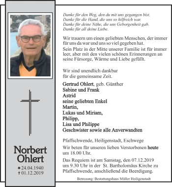 Traueranzeige von Norbert Ohlert von Thüringer Allgemeine