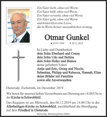 Traueranzeige von Otmar Gunkel von Thüringer Allgemeine
