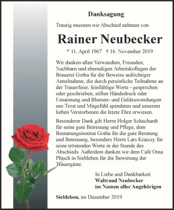 Traueranzeige von Rainer Neubecker von Ostthüringer Zeitung, Thüringische Landeszeitung