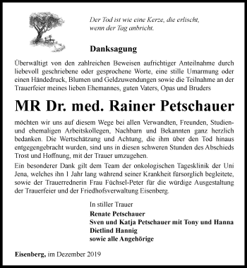 Traueranzeige von Rainer Petschauer von Ostthüringer Zeitung