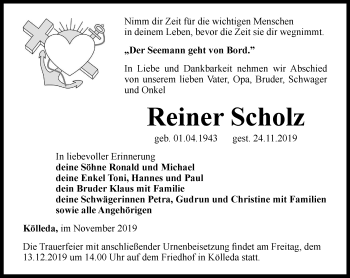 Traueranzeige von Reiner Scholz von Thüringer Allgemeine