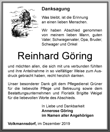 Traueranzeige von Reinhard Göring von Ostthüringer Zeitung