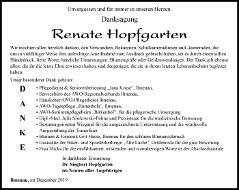 Traueranzeige von Renate Hopfgarten von Thüringer Allgemeine