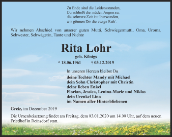 Traueranzeige von Rita Lohr von Ostthüringer Zeitung