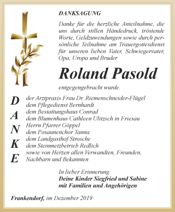 Traueranzeige von Roland Pasold von Ostthüringer Zeitung