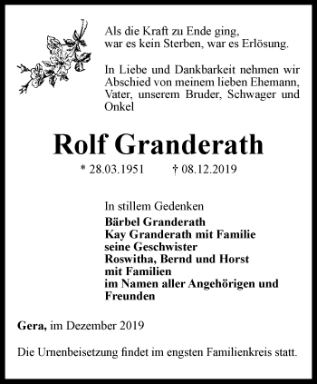 Traueranzeige von Rolf Granderath von Ostthüringer Zeitung