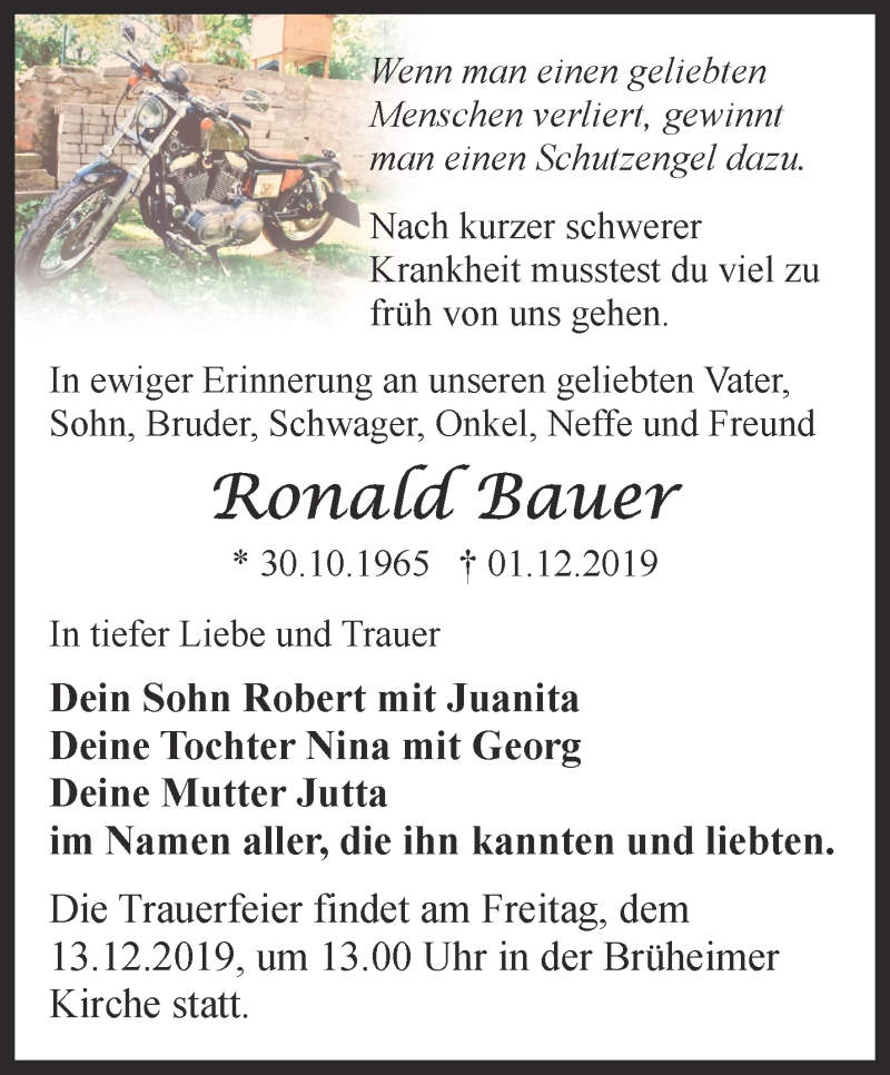 Traueranzeige für Ronald Bauer vom 07.12.2019 aus Ostthüringer Zeitung, Thüringische Landeszeitung
