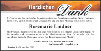 Traueranzeige von Rosemarie Lindner von Ostthüringer Zeitung