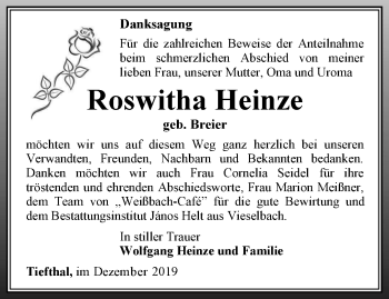 Traueranzeige von Roswitha Heinze von Thüringer Allgemeine, Thüringische Landeszeitung