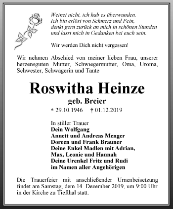 Traueranzeige von Roswitha Heinze von Thüringer Allgemeine, Thüringische Landeszeitung