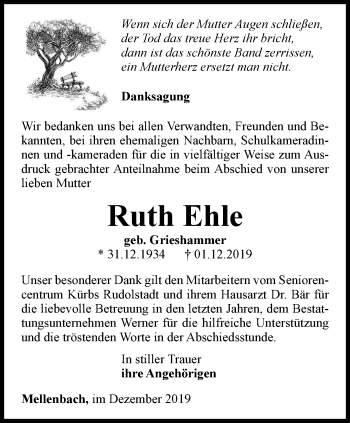 Traueranzeige von Ruth Ehle von Ostthüringer Zeitung