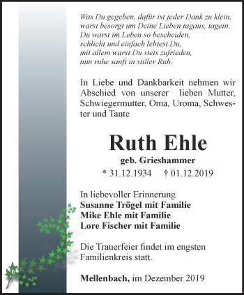 Traueranzeige von Ruth Ehle von Ostthüringer Zeitung