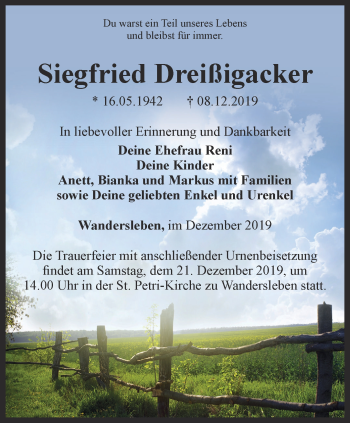 Traueranzeige von Siegfried Dreißigacker von Ostthüringer Zeitung, Thüringische Landeszeitung
