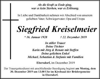 Traueranzeige von Siegfried Kreiselmeier von Ostthüringer Zeitung