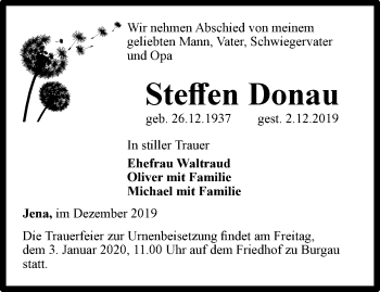 Traueranzeige von Steffen Donau von Ostthüringer Zeitung, Thüringische Landeszeitung