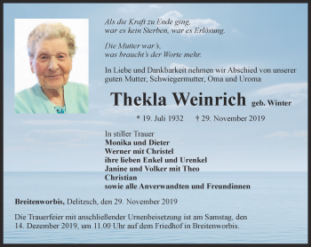 Traueranzeige von Thekla Weinrich von Thüringer Allgemeine