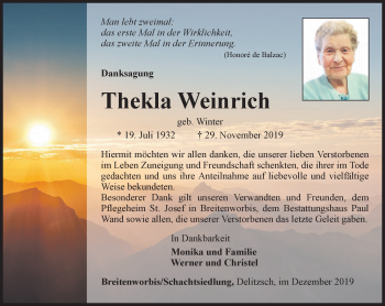 Traueranzeige von Thekla Weinrich von Thüringer Allgemeine