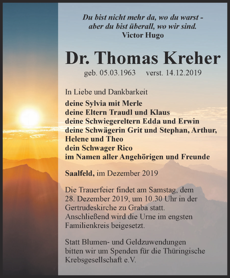  Traueranzeige für Thomas Kreher vom 21.12.2019 aus Ostthüringer Zeitung