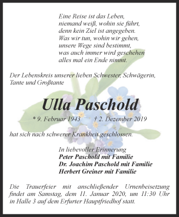 Traueranzeige von Ulla Paschold von Thüringer Allgemeine, Thüringische Landeszeitung