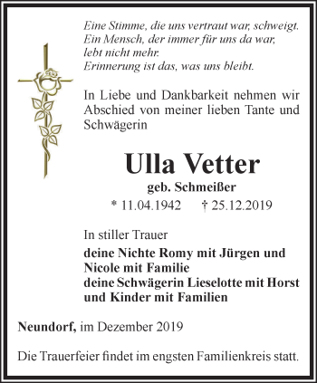 Traueranzeige von Ulla Vetter von Ostthüringer Zeitung