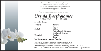 Traueranzeige von Ursula Bartholomes von Thüringer Allgemeine, Thüringische Landeszeitung