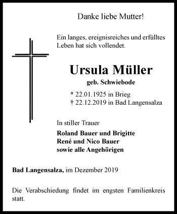 Traueranzeige von Ursula Müller von Thüringer Allgemeine, Thüringische Landeszeitung