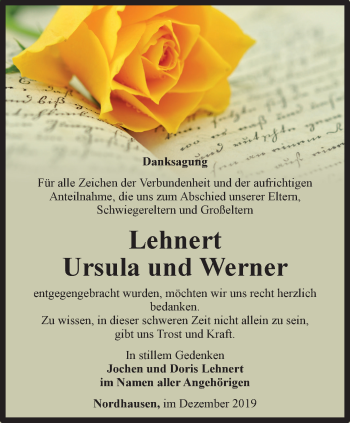Traueranzeige von Ursula und Werner Lehnert von Thüringer Allgemeine