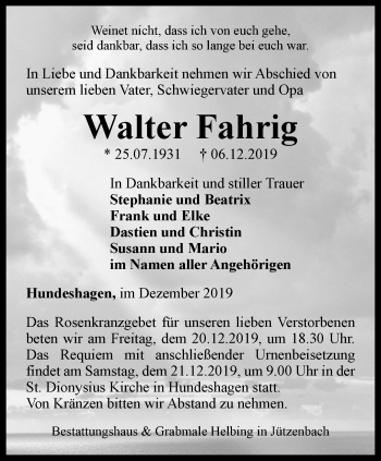 Traueranzeige von Walter Fahrig von Thüringer Allgemeine