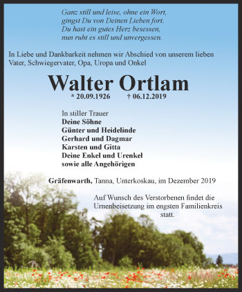 Traueranzeige von Walter Ortlam von Ostthüringer Zeitung