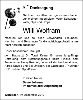 Traueranzeige von Willi Wolfram von Ostthüringer Zeitung