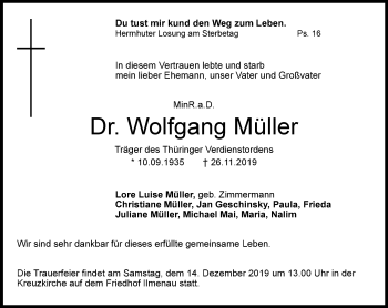 Traueranzeige von Wolfgang Müller von Thüringer Allgemeine